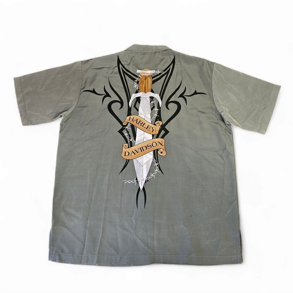 Harley-Davidson Tribal Dagger Grey Short Sleeve Button Front Shirt Mens Size Med